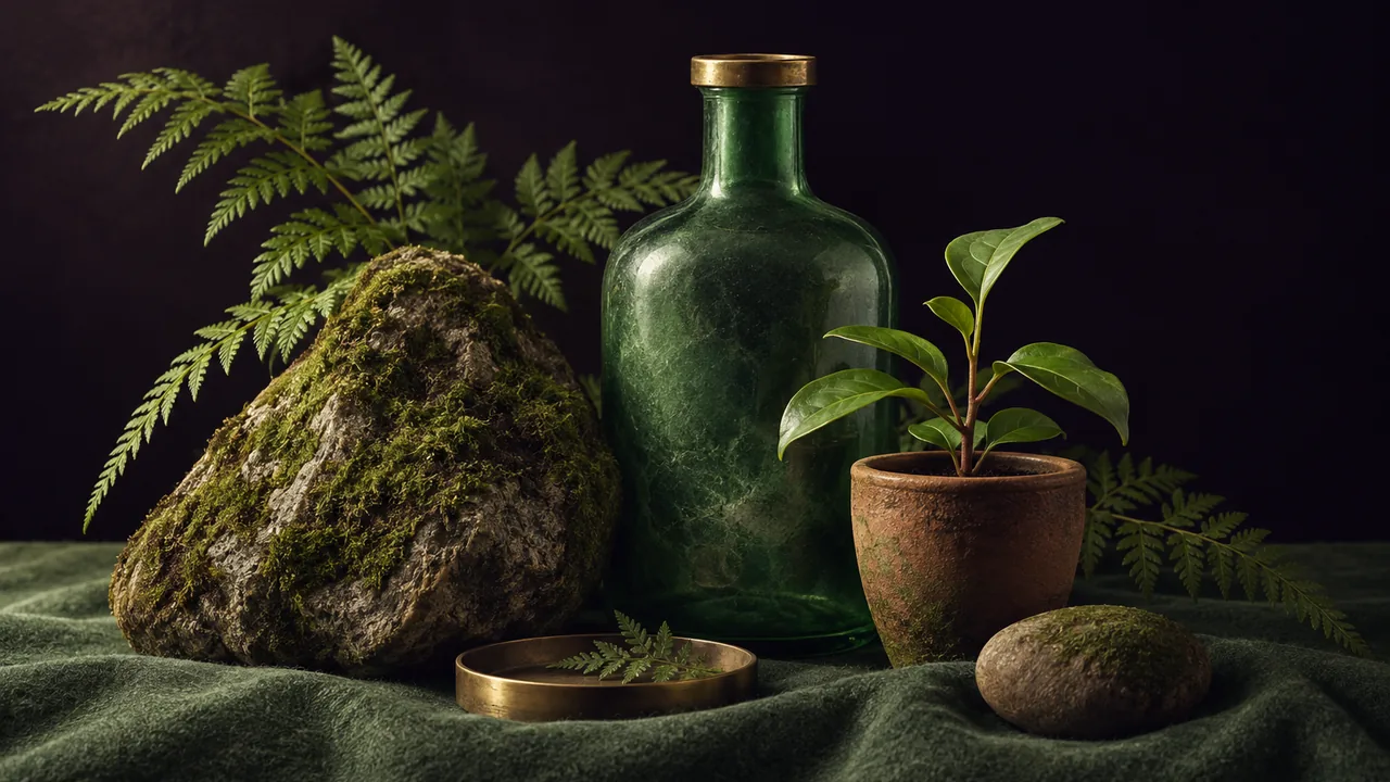 A mossy stone, a jade-green glass bottle, fresh fern fronds, and a small clay pot with a seedling on soft green felt