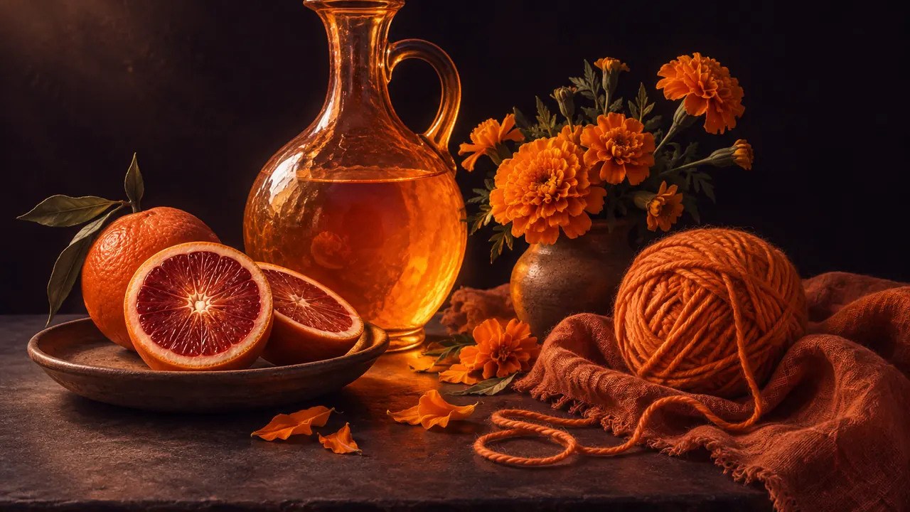 A warm orange glass carafe catching light, sliced blood-orange halves on a clay plate, marigold petals, and a ball of orange yarn