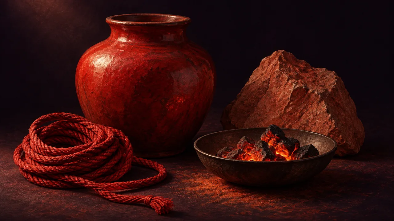 A red-glazed ceramic vessel, a rough terracotta stone, glowing ember-red coals in a shallow iron dish, and a coil of scarlet cord
