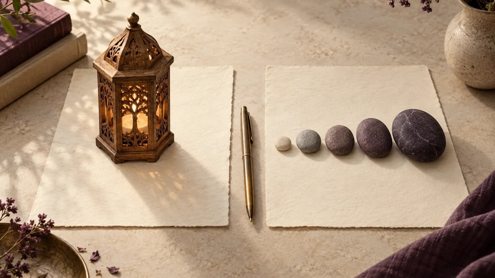 Two cream sheets on a desk, the left holding a carved wooden lantern, the right a row of five graded stones, with a brass pen between them.