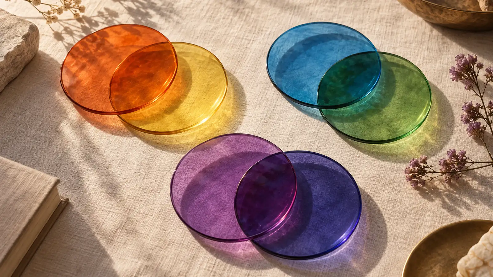Translucent colored glass discs overlapping on linen, orange over yellow, blue over green, and violet over indigo blending into new tones.