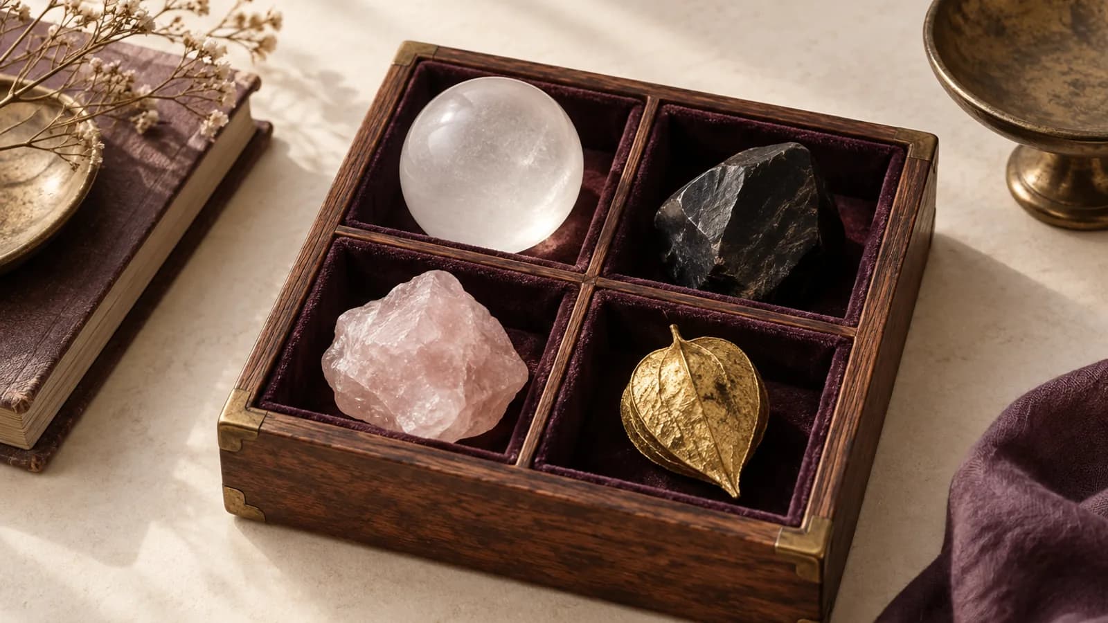 A velvet-lined wooden tray with a frosted white glass sphere, a matte black stone, pale pink quartz, and a gold-leaf object in compartments.