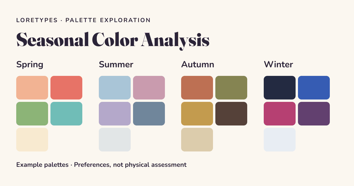 Four labeled example palettes: Spring, Summer, Autumn, and Winter.