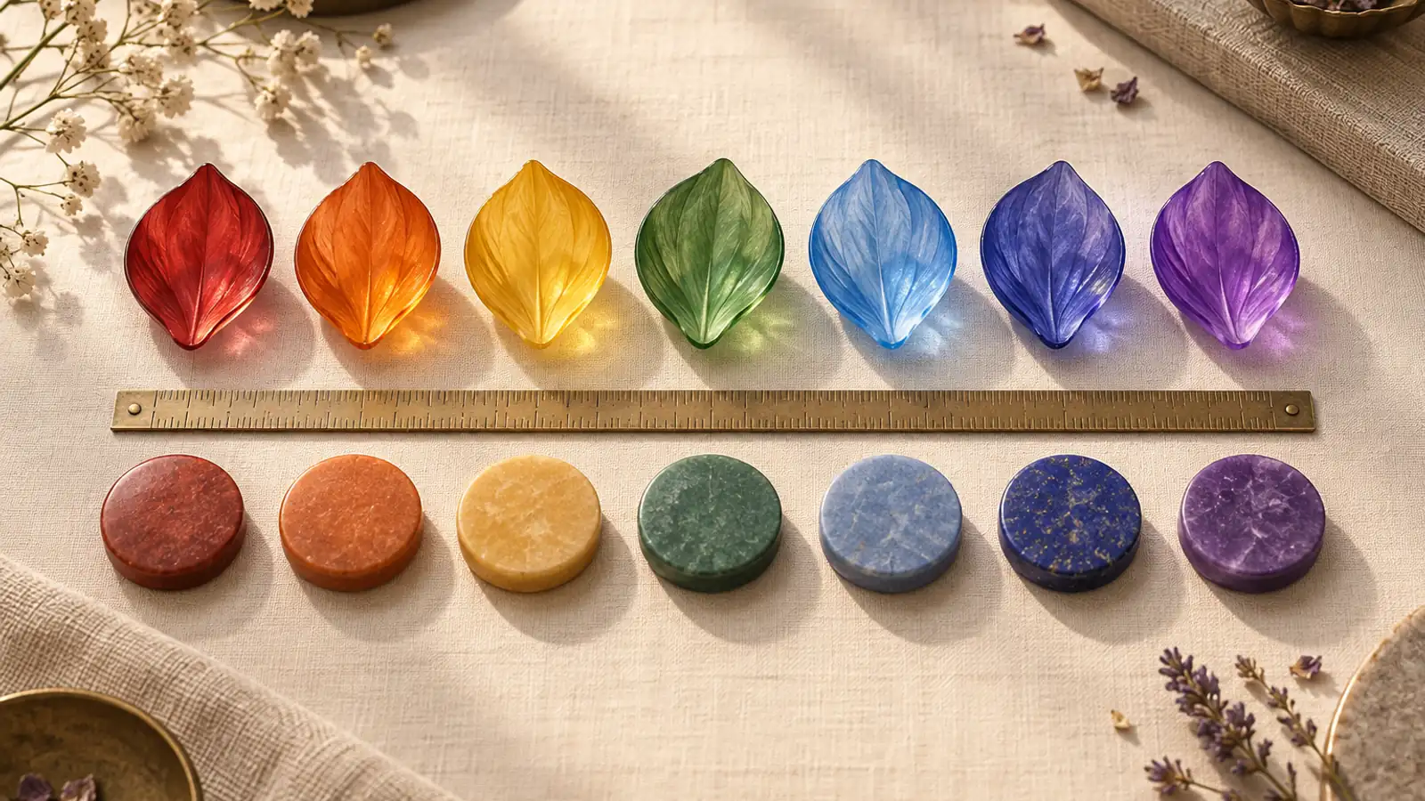 Seven translucent glass petals in rainbow order above seven matte stone discs in the same colors, with a thin brass ruler between the rows.