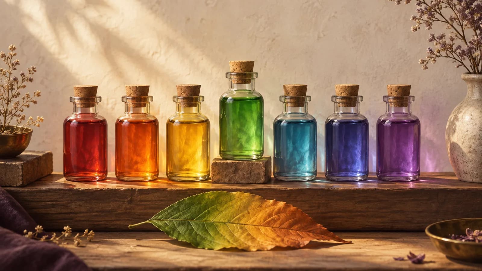 Seven glass vials of translucent colors from red to violet on a wooden shelf, one lifted by light, with a leaf turning from green to amber.