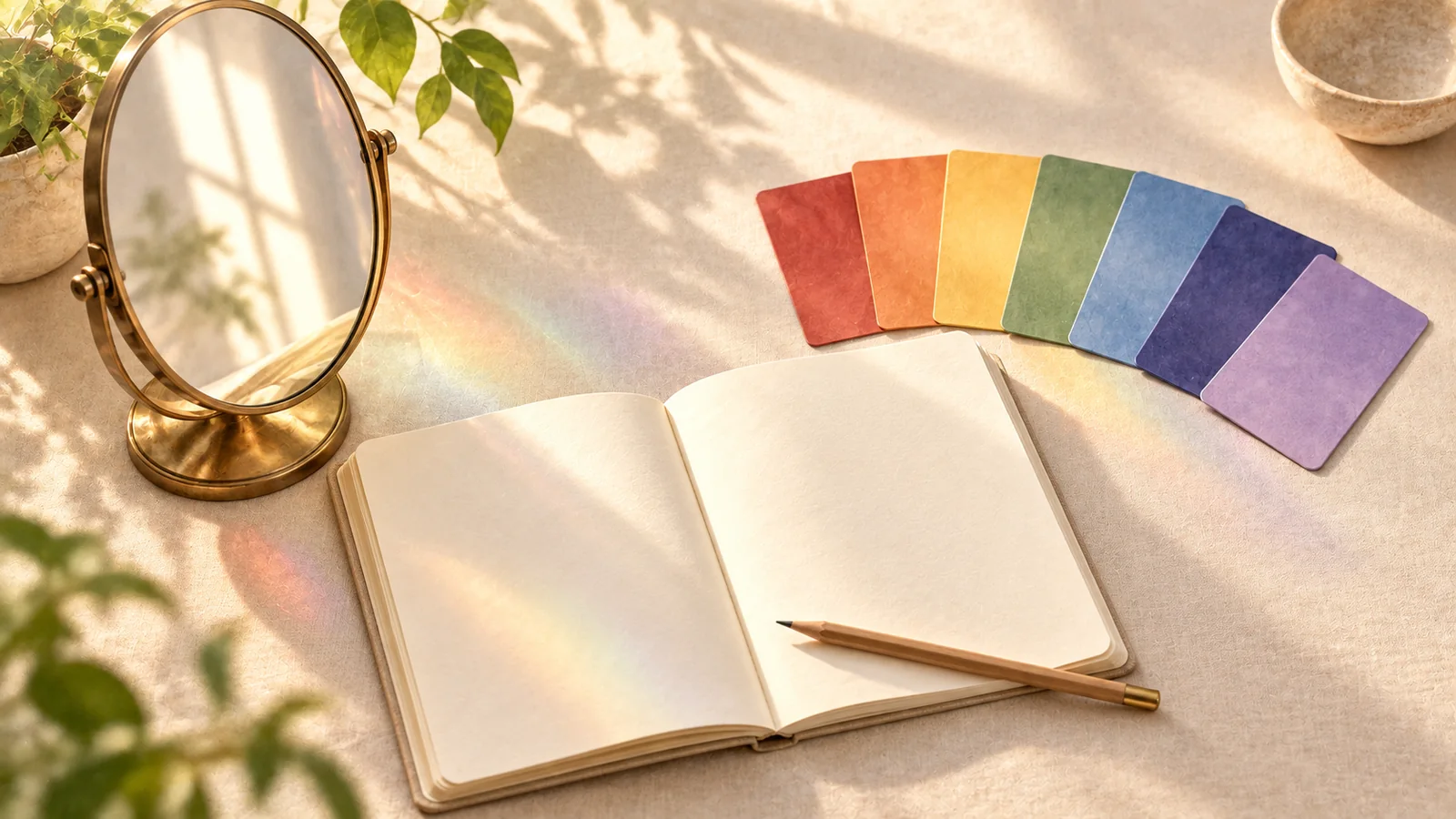A reflective still life with a mirror, blank journal, and seven color swatches for exploring aura color.