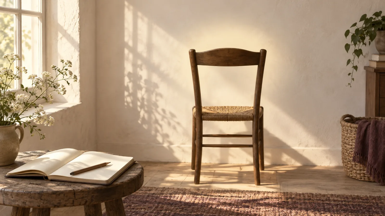 A wooden chair seen from behind in a pale-walled corner, window light outlining its edges, and a blank notebook with a pencil on a stool.