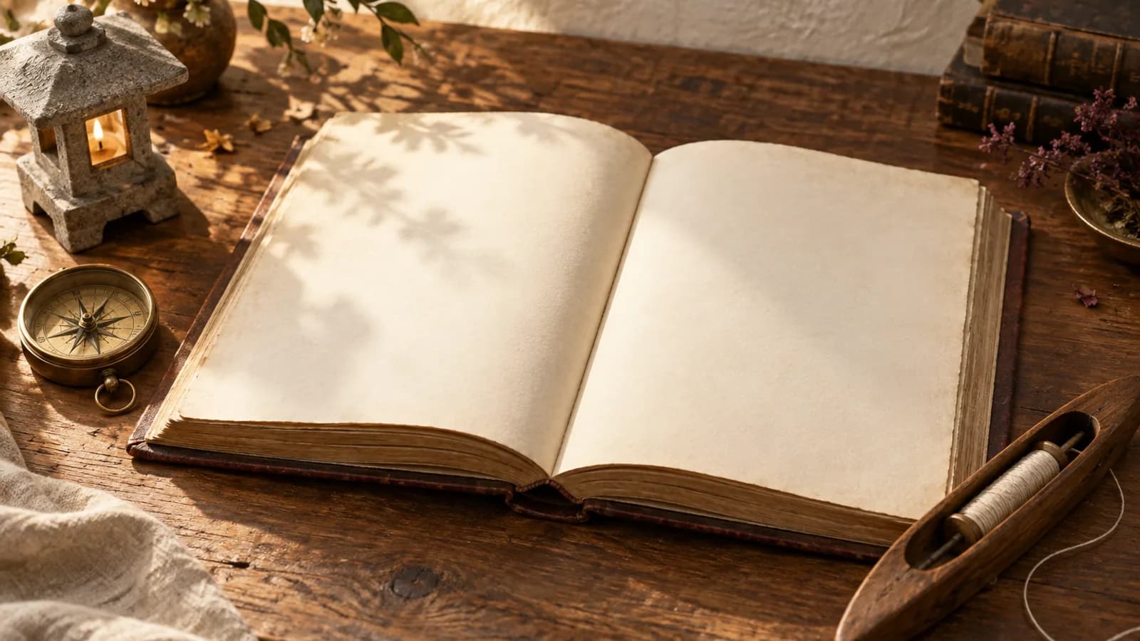 An open storybook with blank cream pages on a wooden desk, beside a tiny brass compass, a small stone lantern, and a wooden shuttle.