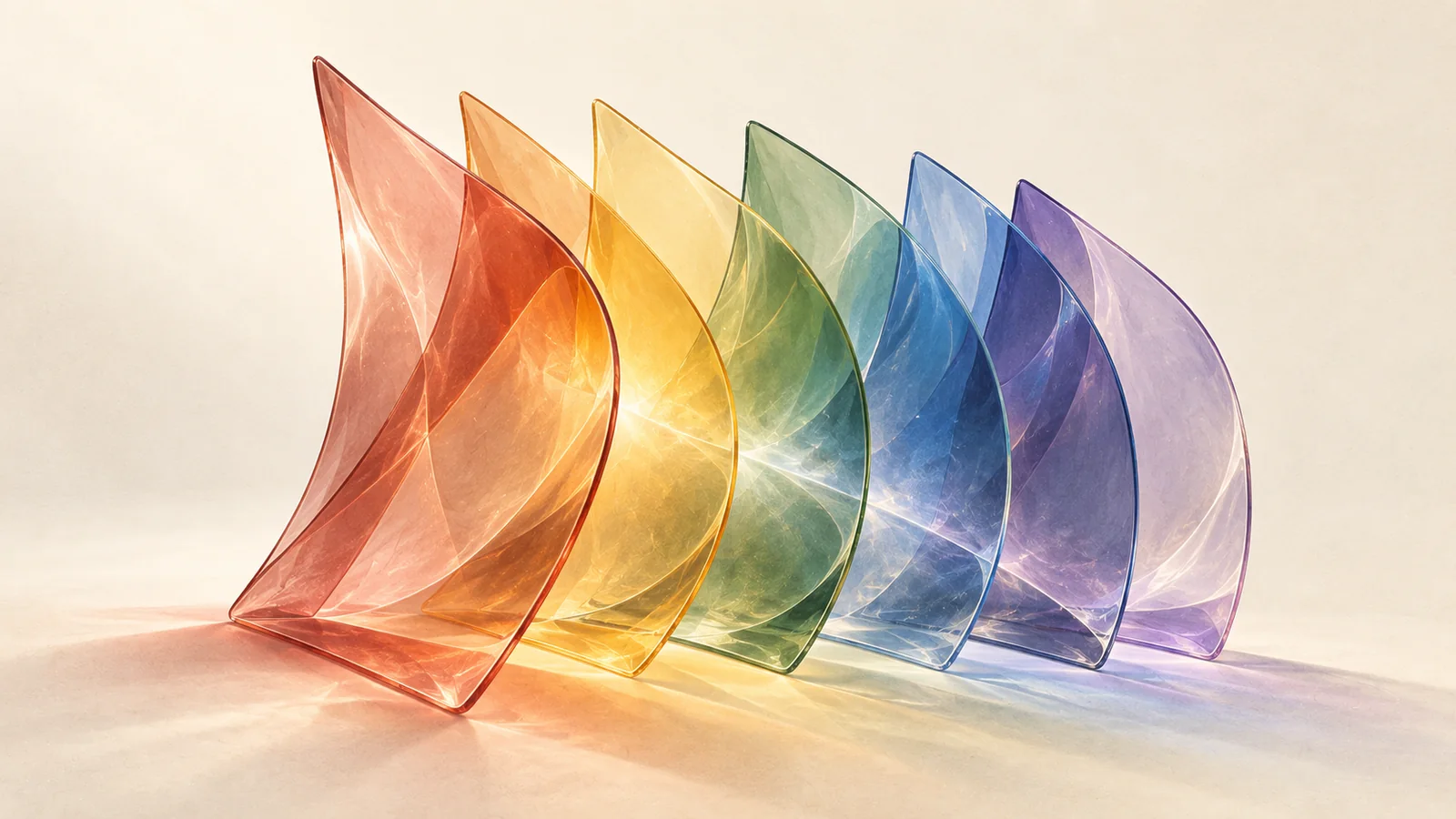 Overlapping translucent colored glass layers, an artistic metaphor for the many themes in an aura spectrum.