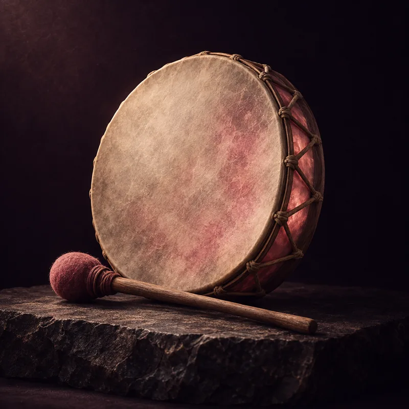 A small hand drum with taut skin and a soft mallet, a faint rose glow within the drum shell on a dark ledge