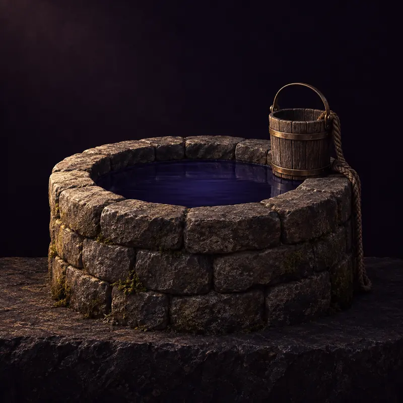 A simple low round stone well with still deep indigo water visible and a small wooden bucket at the rim
