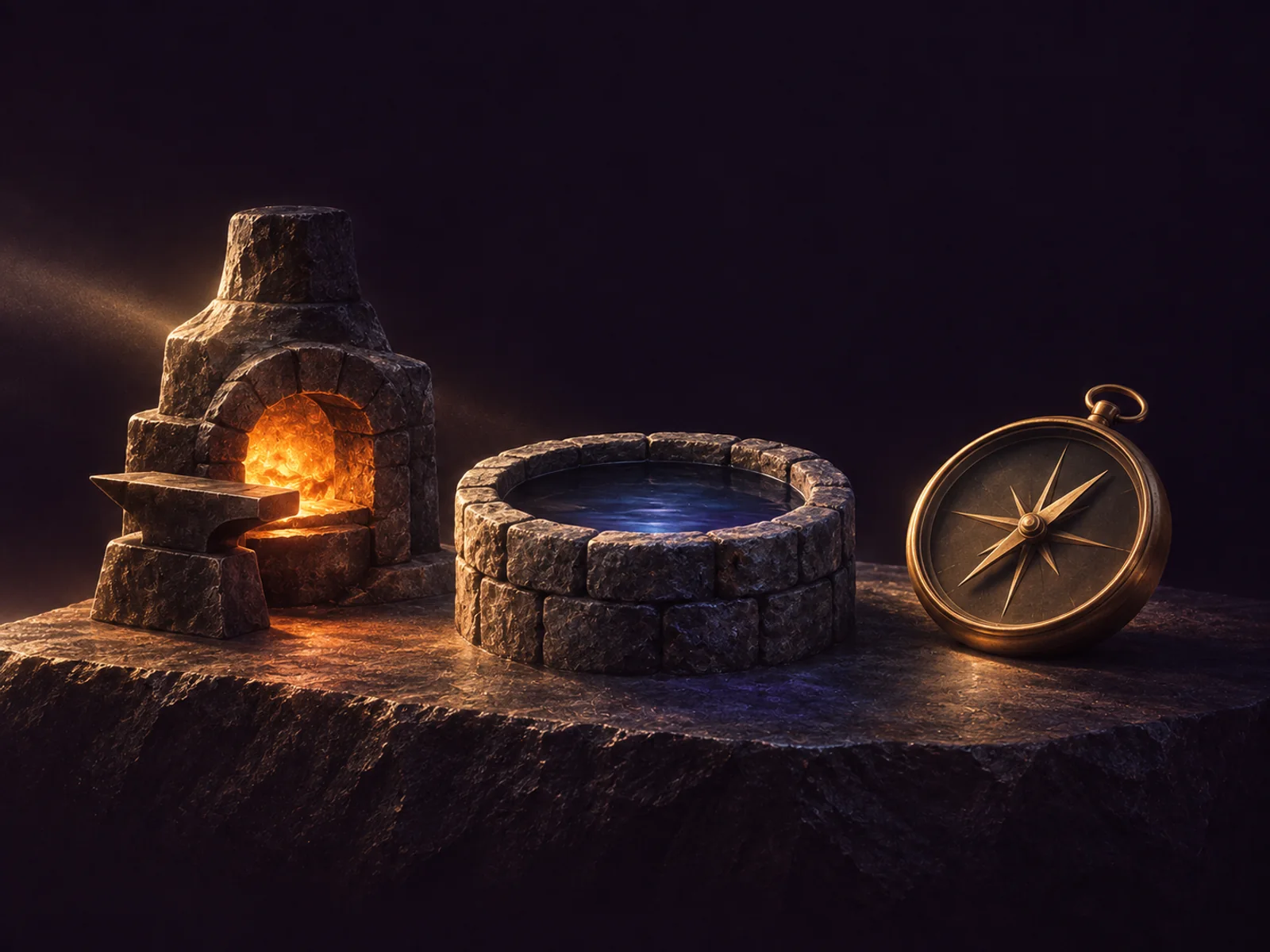 Sculptural symbols for three Loretypes: a warm Forge, a quiet Well, and a Pathfinder compass.
