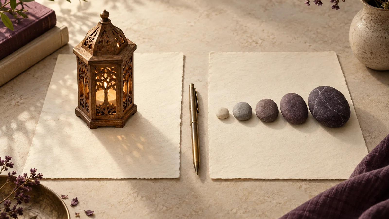 Two cream sheets on a desk, the left holding a carved wooden lantern, the right a row of five graded stones, with a brass pen between them.
