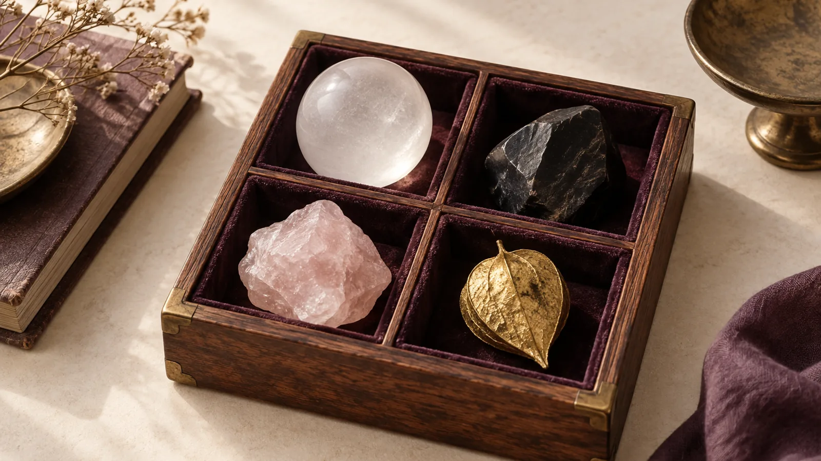A velvet-lined wooden tray with a frosted white glass sphere, a matte black stone, pale pink quartz, and a gold-leaf object in compartments.