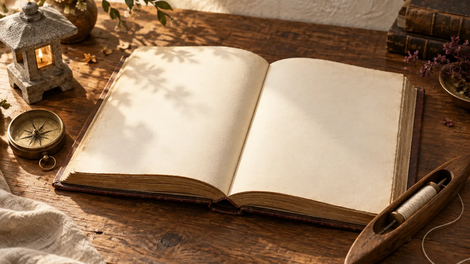 An open storybook with blank cream pages on a wooden desk, beside a tiny brass compass, a small stone lantern, and a wooden shuttle.