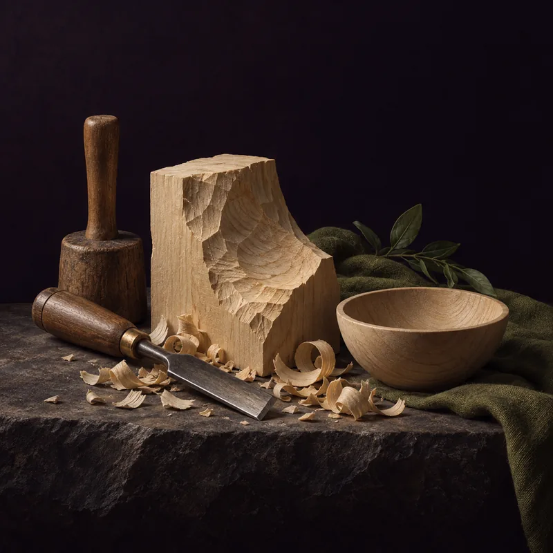 A wooden chisel and small mallet beside a half-carved pale wood block with clean shavings and a finished smooth bowl