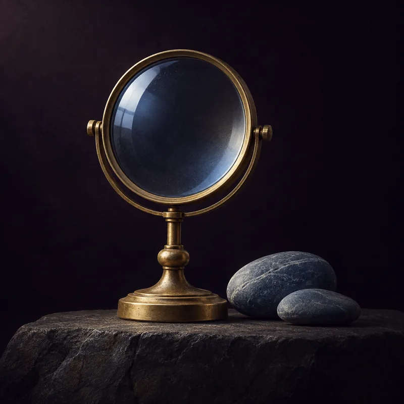 A brass-rimmed magnifying lens on a small stand beside two smooth river stones, catching a cool steel-blue highlight
