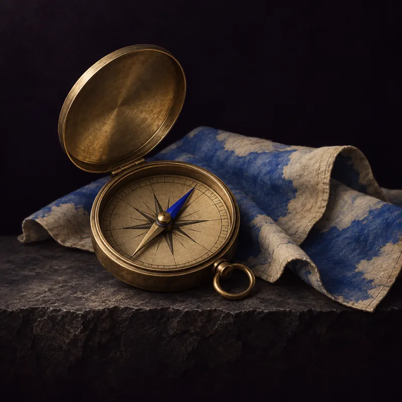 A modest antique brass navigation compass with an unlettered face, lid open, beside a loosely folded unmarked cloth map