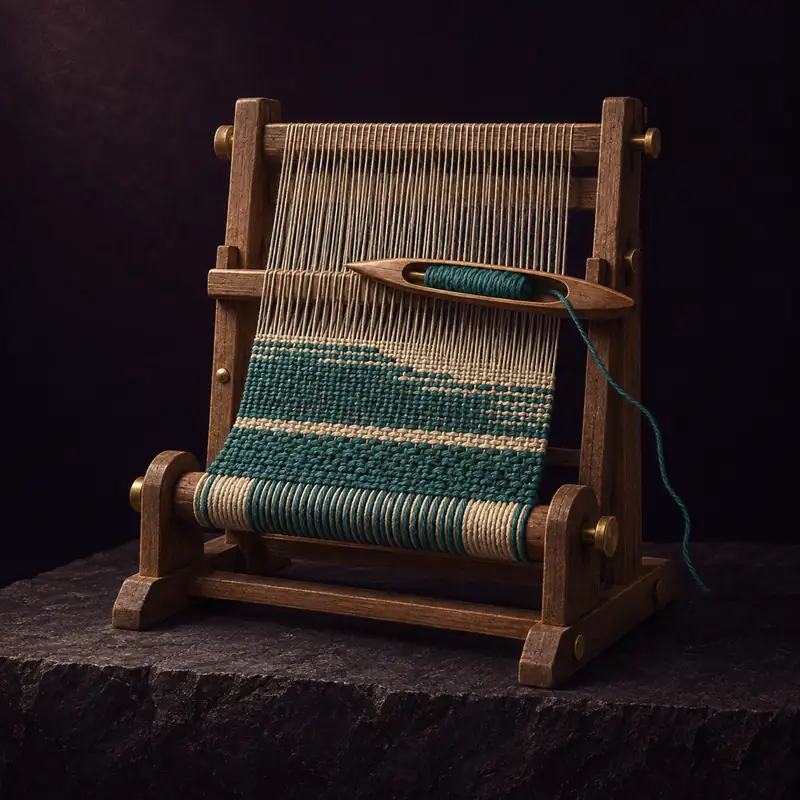 A small wooden hand loom with a shuttle mid-pass and taut teal and ivory threads on a dark ledge