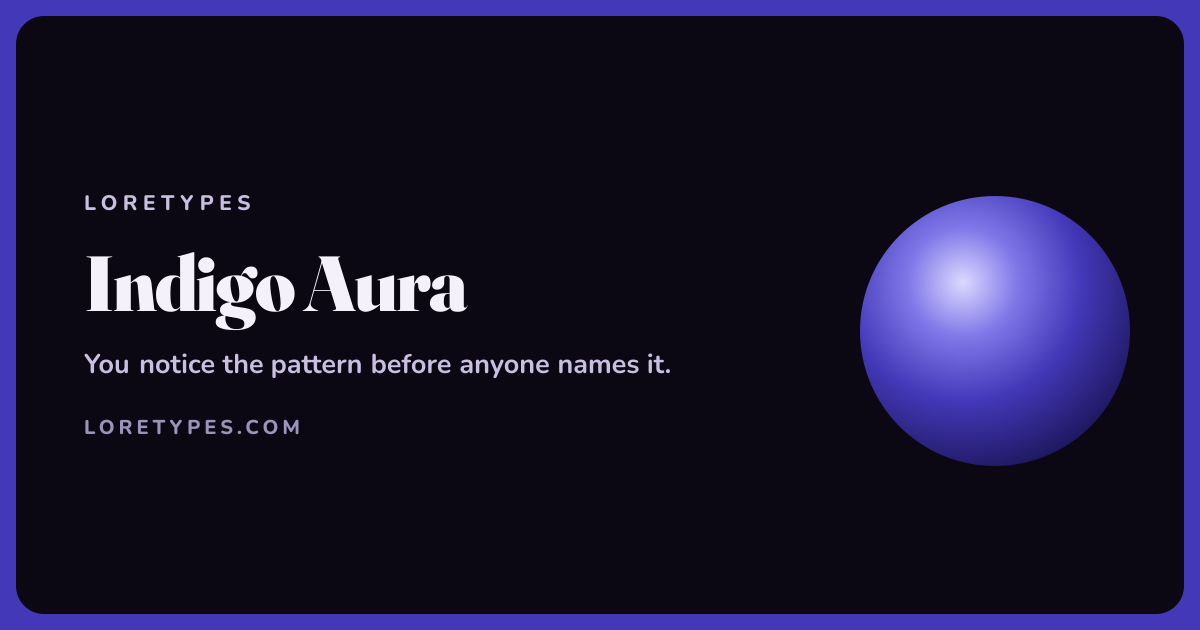 Indigo aura meaning card with a glowing indigo orb and the message: You notice the pattern before anyone names it.