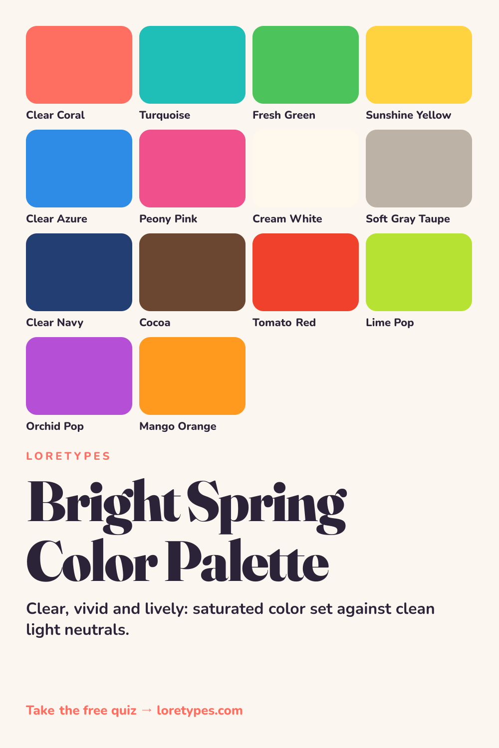 Bright Spring color palette chart showing 14 named colors, including clear coral, turquoise, fresh green
