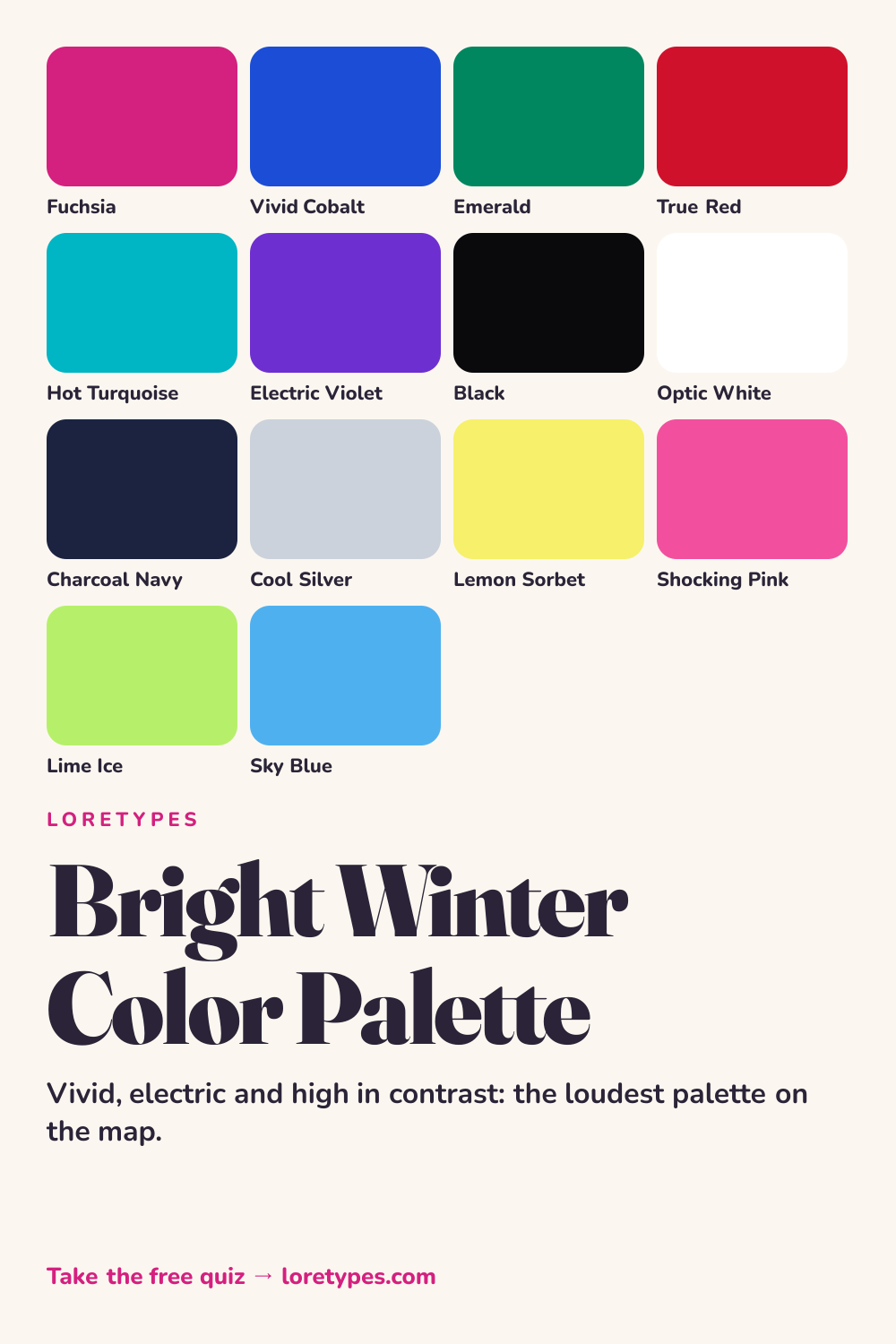 Bright Winter color palette chart showing 14 named colors, including fuchsia, vivid cobalt, emerald