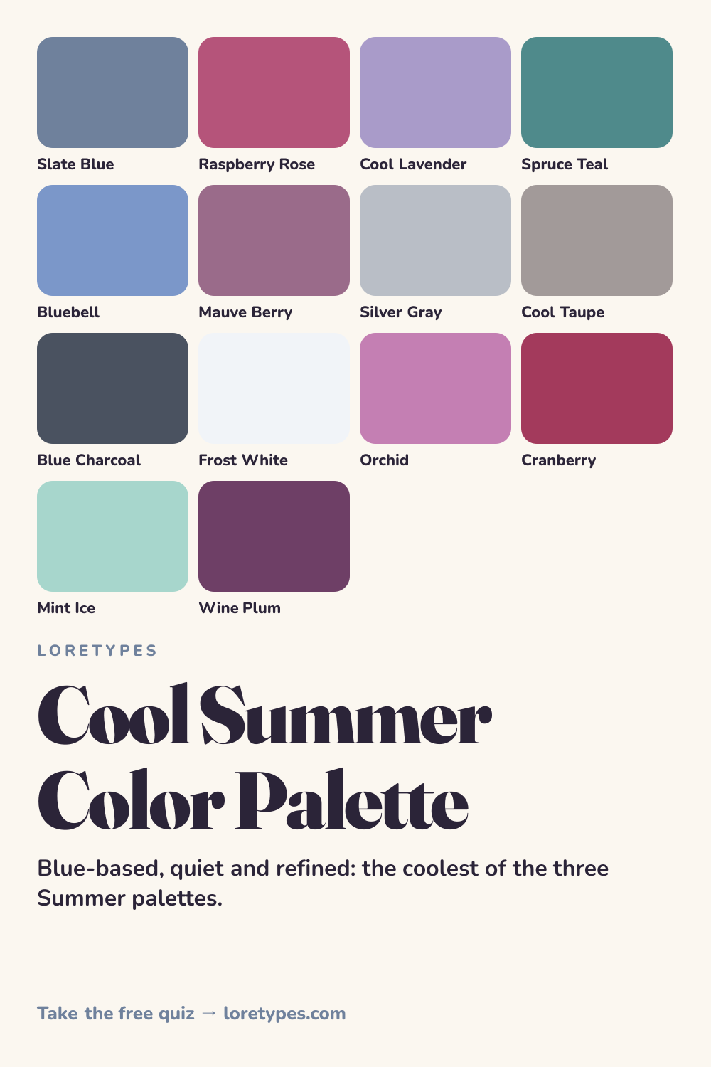 Cool Summer color palette chart showing 14 named colors, including slate blue, raspberry rose, cool lavender