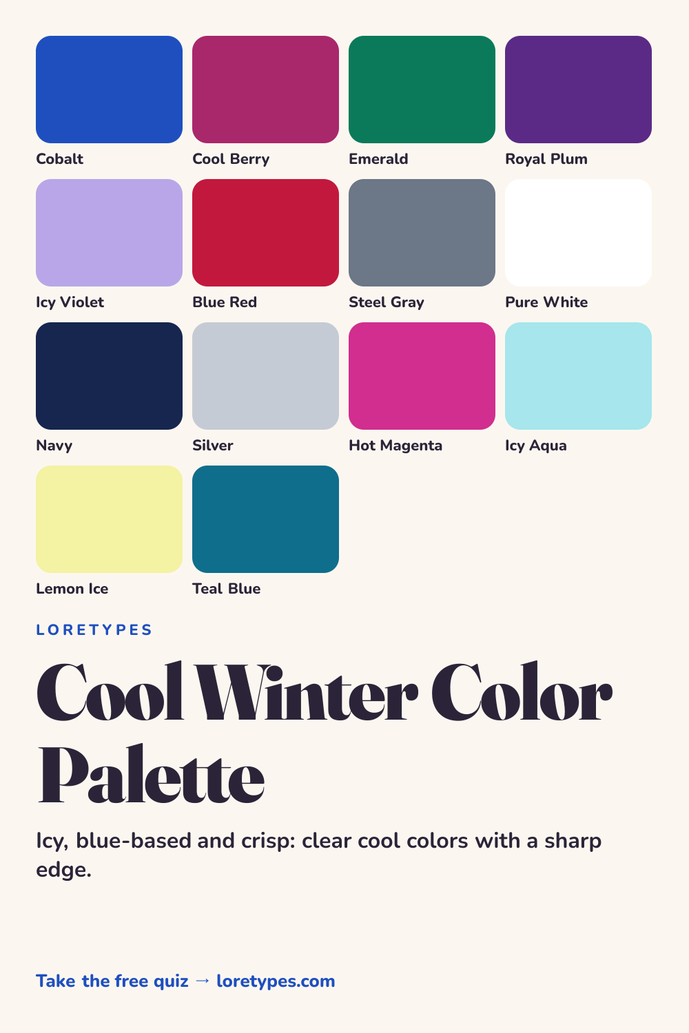 Cool Winter color palette chart showing 14 named colors, including cobalt, cool berry, emerald