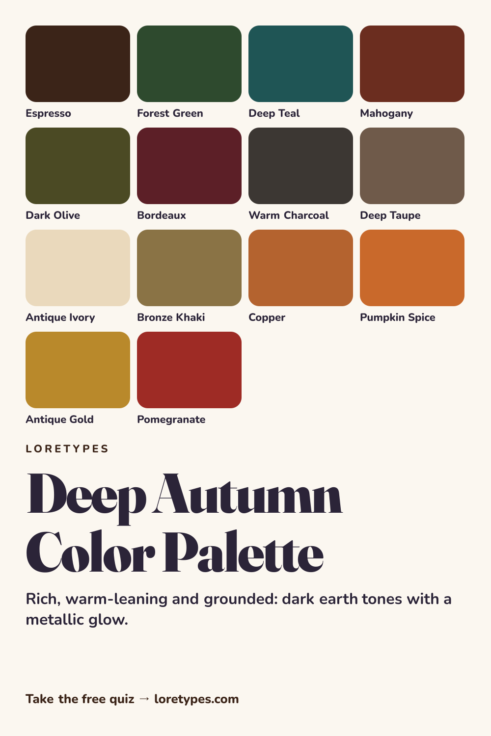 Deep Autumn color palette chart showing 14 named colors, including espresso, forest green, deep teal
