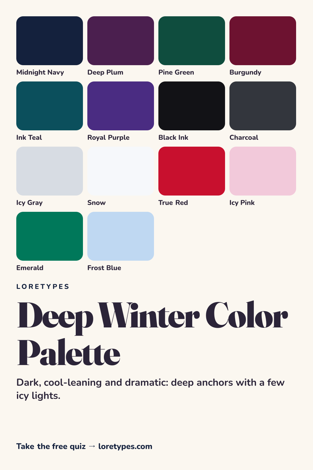 Deep Winter color palette chart showing 14 named colors, including midnight navy, deep plum, pine green