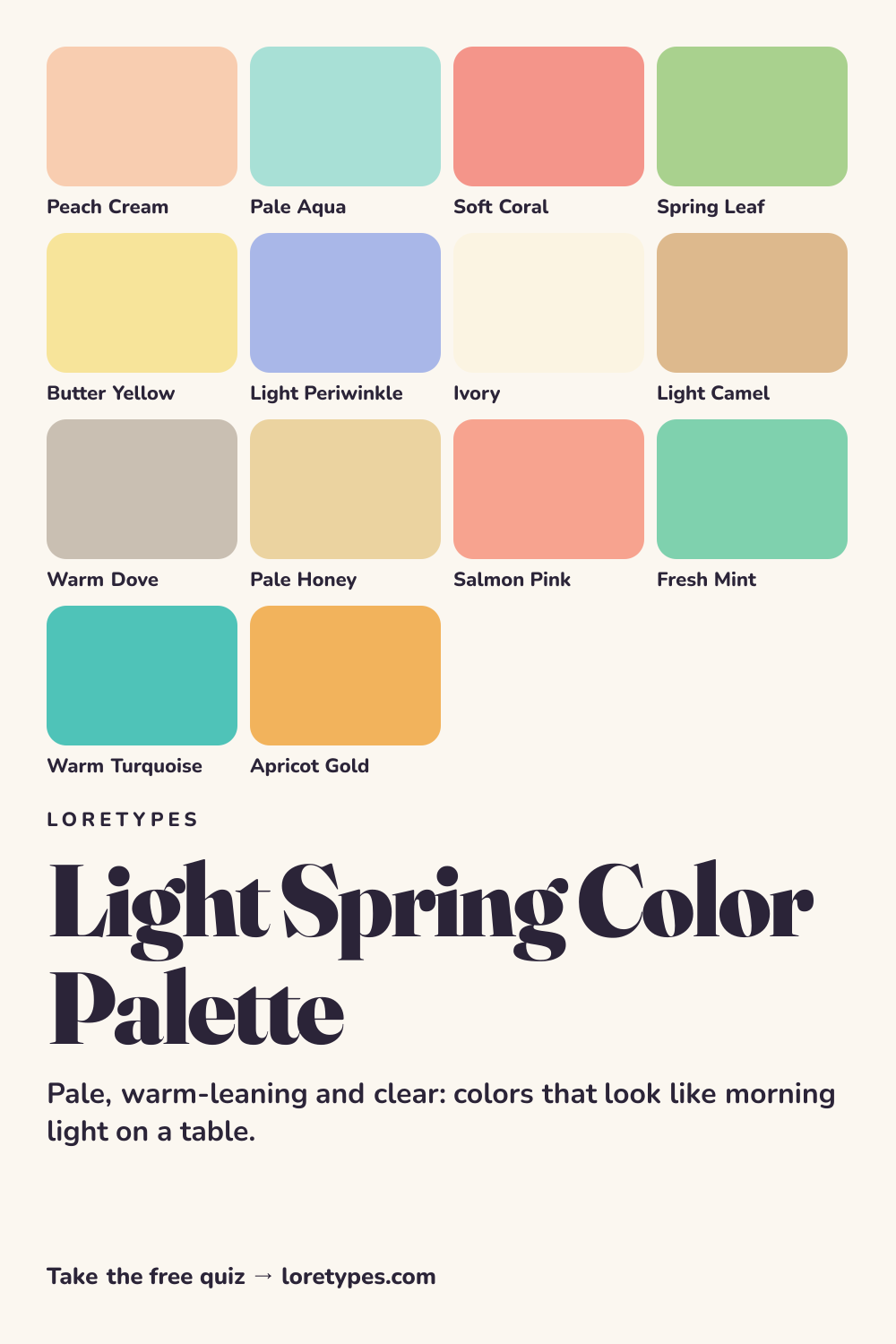 Light Spring color palette chart showing 14 named colors, including peach cream, pale aqua, soft coral