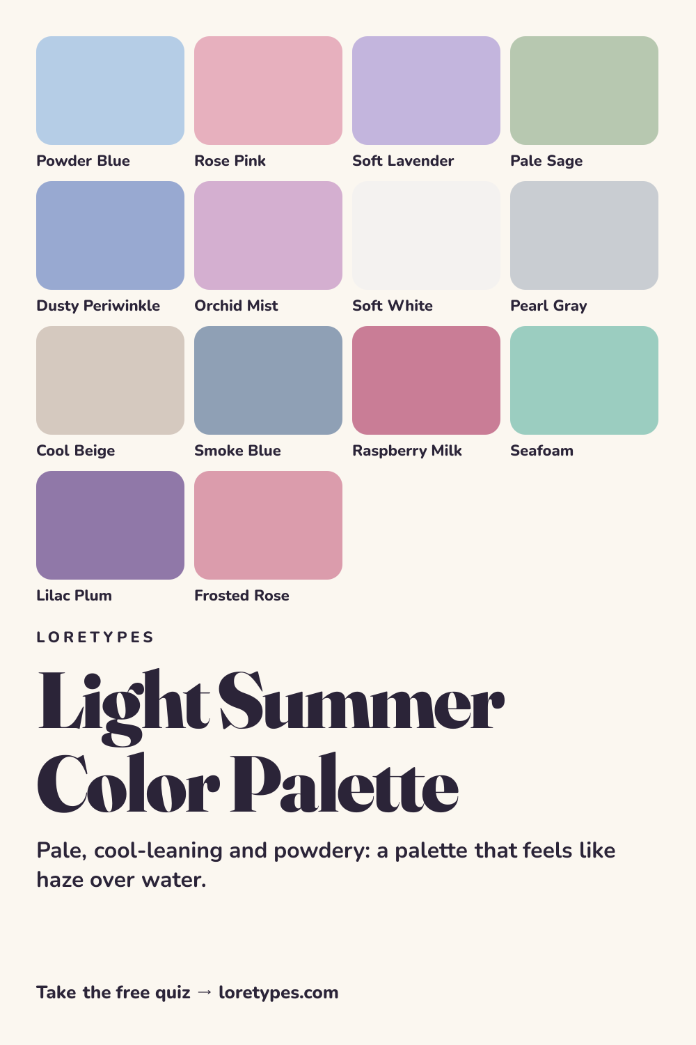 Light Summer color palette chart showing 14 named colors, including powder blue, rose pink, soft lavender