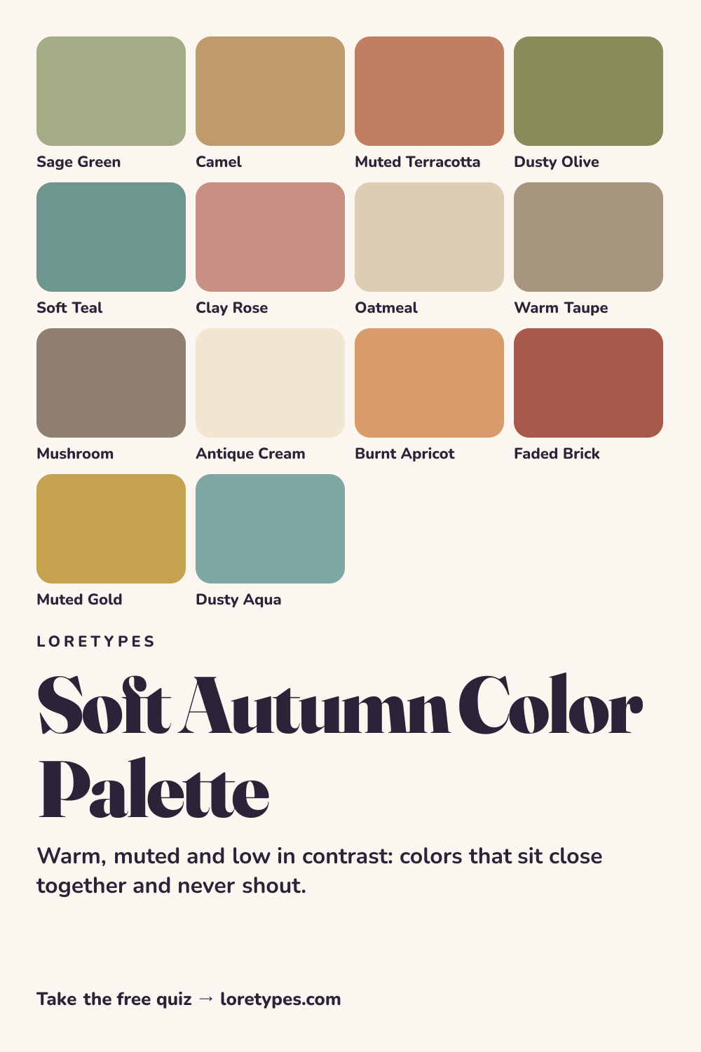 Soft Autumn color palette chart showing 14 named colors, including sage green, camel, muted terracotta