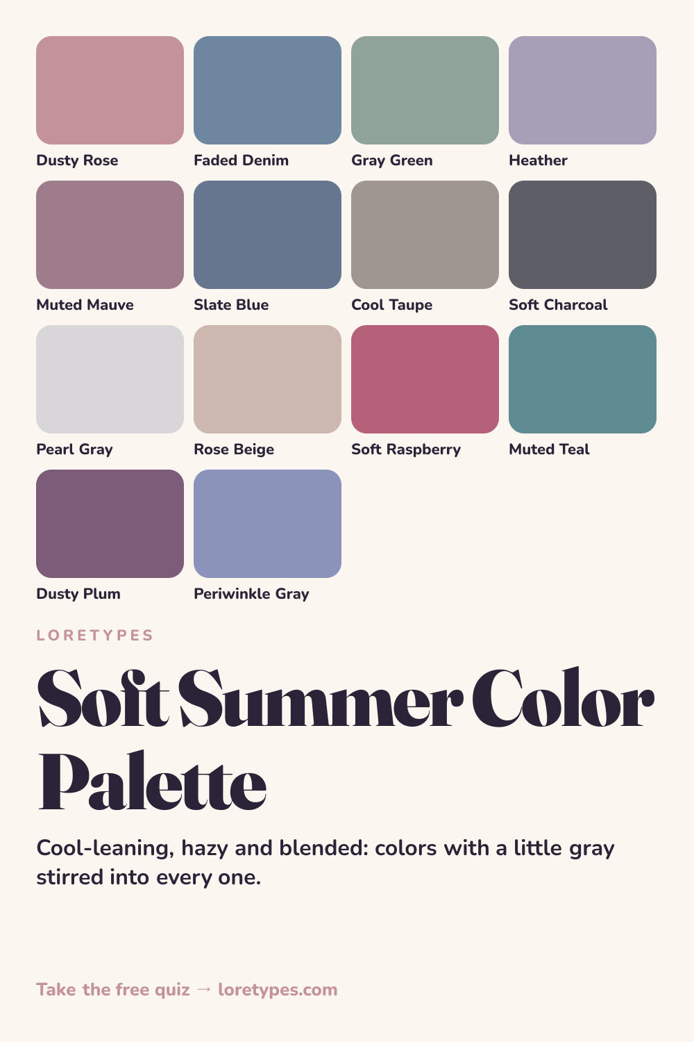 Soft Summer color palette chart showing 14 named colors, including dusty rose, faded denim, gray green