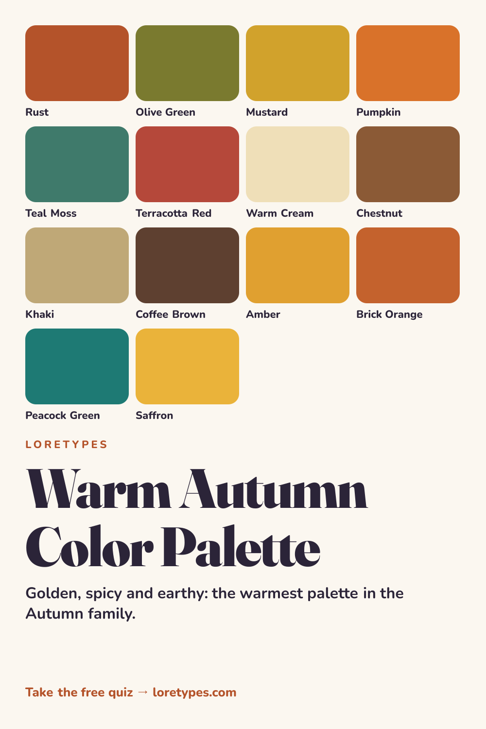 Warm Autumn color palette chart showing 14 named colors, including rust, olive green, mustard