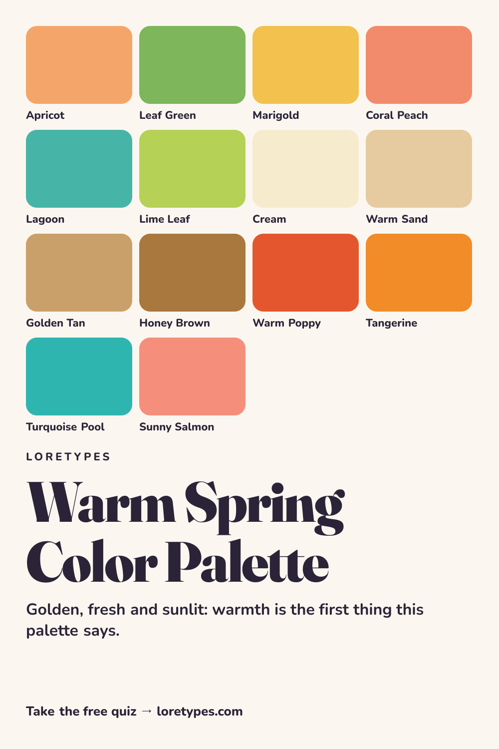 Warm Spring color palette chart showing 14 named colors, including apricot, leaf green, marigold